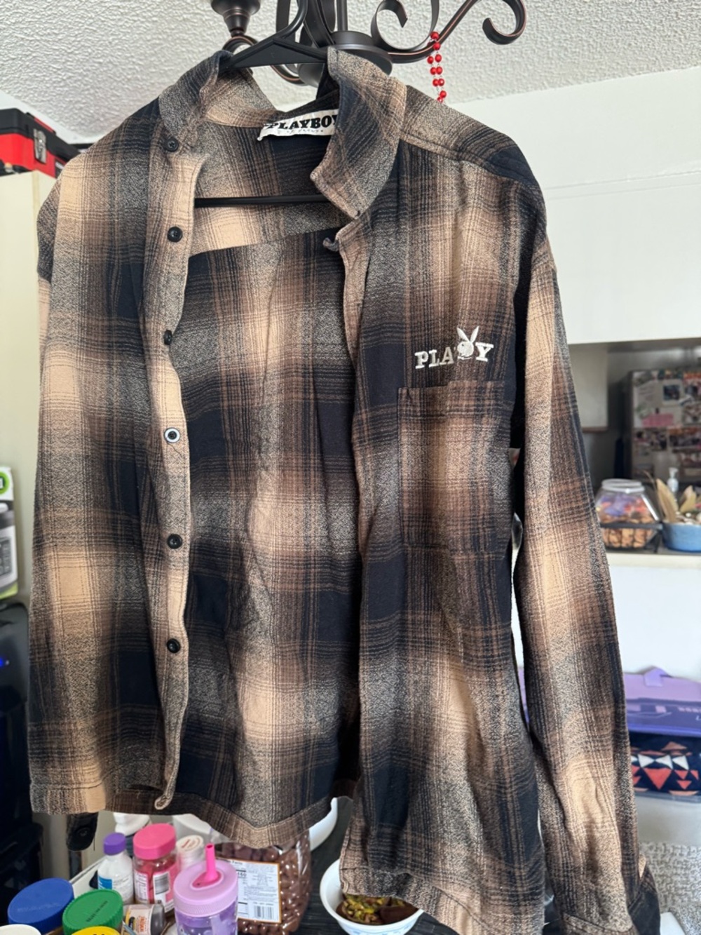 PLAYBOY Black and Brown Plaid Button-Down Shirt